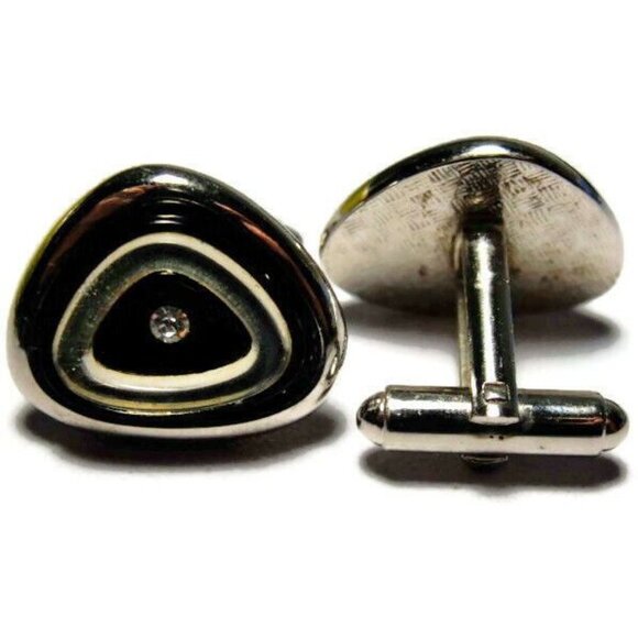 Signed Shields Triangle Black Silver Tone Cufflinks Tux Shirt Dress Suit Vintage - Picture 6 of 10